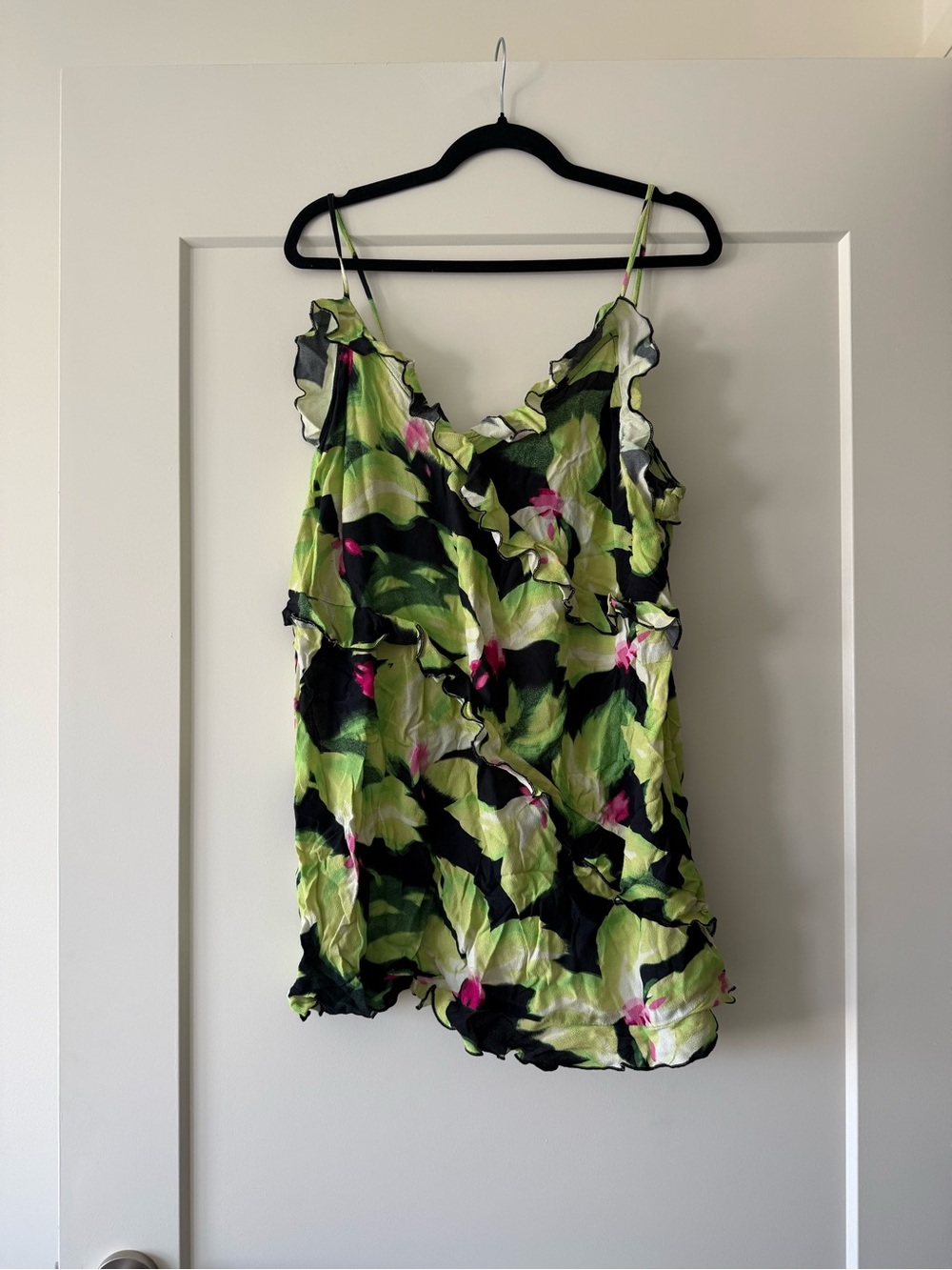 Ruffled Floral Cami Dress in Lime Green & Black